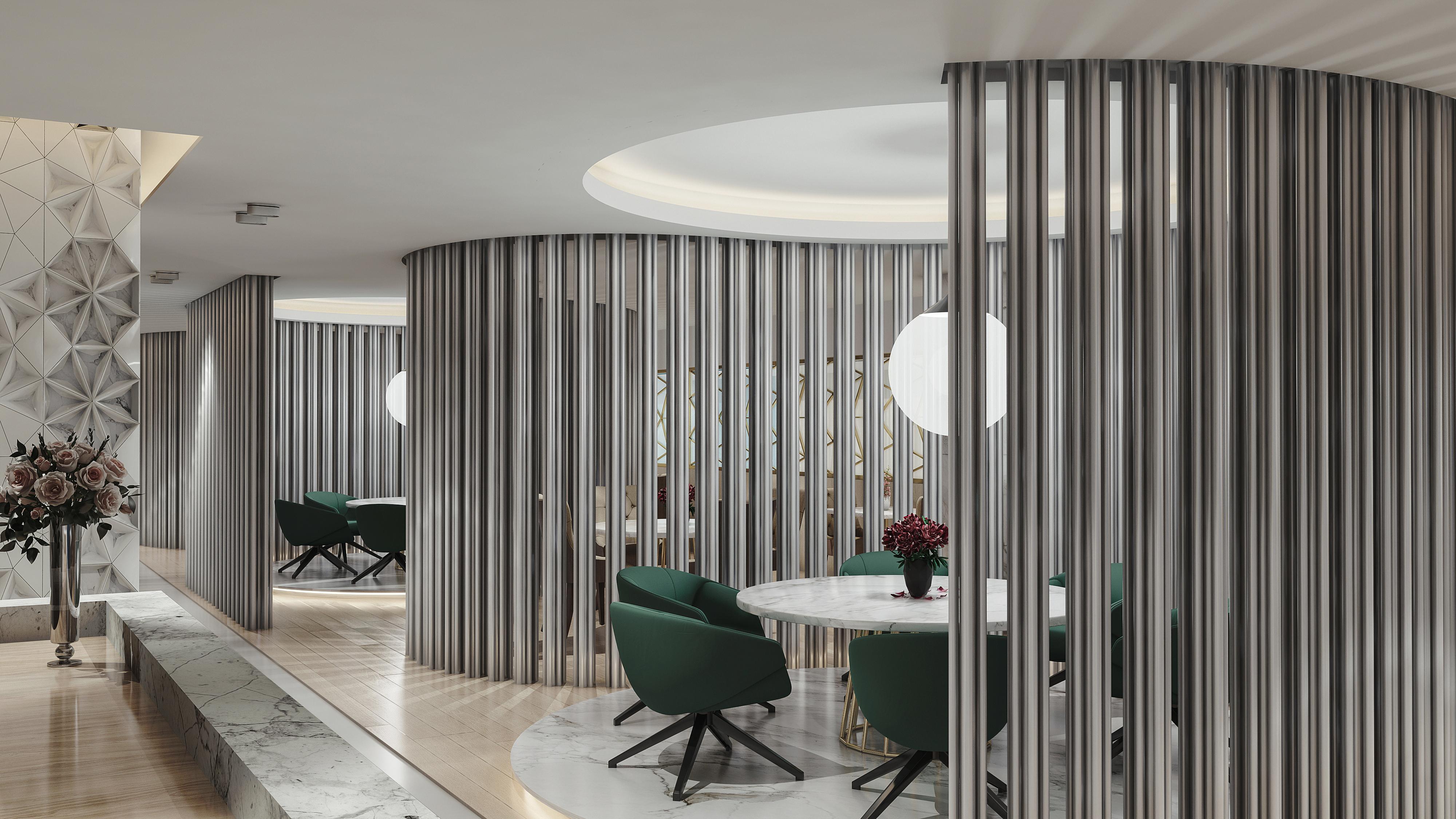 Steigenberger Hotel Doha Exterior foto The photo shows an interior space featuring a modern design. There are several green chairs arranged around a circular table. The walls are adorned with vertical metal slats, creating a stylish partition. A round light fixture hangs from the ceiling,